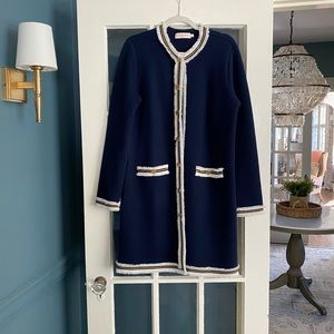 Tory Burch Kendra Sweater Coat  -  Navy gold and cream. Size Medium.